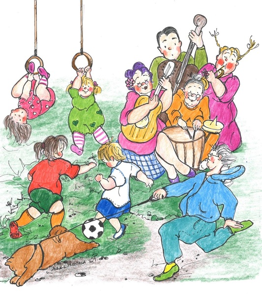 piirretty kuva, jossa on monenlaista touhua; koiran ulkoiluttaja, bändi, lapset kiipeilee, poika potkii palloa.