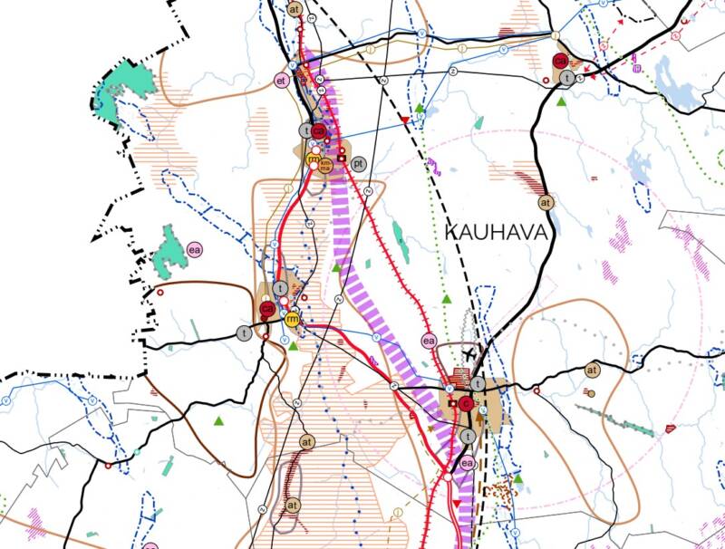 Maakuntakaavan karttakuvassa on esitetty Kauhavan taajama-alueet punaisella C-pallomerkinnällä. Ruskea at-pallo kuvaa kylän keskusta. Kuvassa näkyy lentokone kuvaamassa kiitoradan sijaintia...