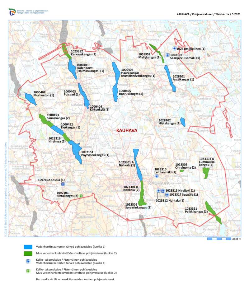 Kuvassa on esitetty Kauhavan alueen pohjavesialueet sekä kallio- ja porakaivot ja niiden luokitukset. 1-luokan pohjavesialueet Ylihärmässä: Murheeton, Ekokangas, Pöyhösenkangas. Alahärmässä: Sudenportti/Holmankangas, Puisaari, Kirkonkylä, Haaruskangas, Haarakangas-Mustaisnevankangas. Kortesjärvellä: Änttikangas, Hietakangas. Kauhavalla: Nahkala A.
2-luokan pohjavesialueet Ylihärmässä: Saunakangas, Hirsimaa. Alahärmässä: Karkauskangas. Kortesjärvellä Myllykangas. Kauhavalla: Nahkala B, Sorvarinkangas, Ohraluoma, Lummukkakangas, Pelkkikangas.
