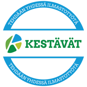 Kestävät -kunnat logo. Sinisessä ympyrässä lukee "Tehdään yhdessä ilmastotyötä". Ympyrän halkaisee vihreällä sana "Kestävät".