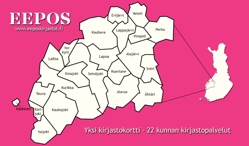 Kartta, jossa näkyy kaikki Eepos-kirjastoihin kuuluvat kunnat sekä teksti: Yksi kirjastokortti - 22 kunnan kirjastopalvelut.