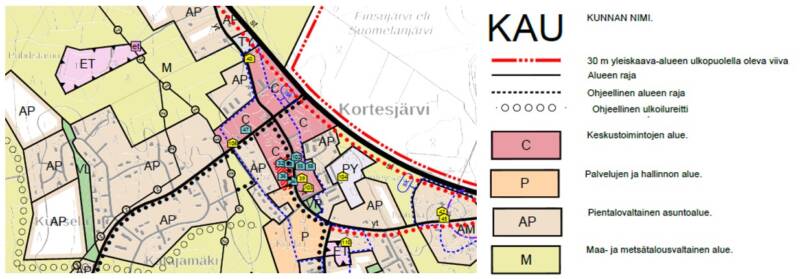 Yleiskaava-alueet ovat laajempia ja kaavamerkinnät suppeampia kuin tarkemmassa asemakaavassa. Esimerkiksi keskustatoimintojen alue on merkitty C-kirjaimella ja väritetty punaisella. M kuvaa maa- ja metsätalousvaltaista aluetta ja väritetty keltaisella.