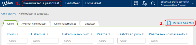 Kuvallinen ohjeistus aamu- ja iltapäivätoimintahakemuksen paikasta Wilmassa.